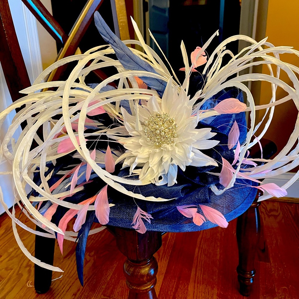 Kentucky Derby Hat Royal Blue and White with pink accent